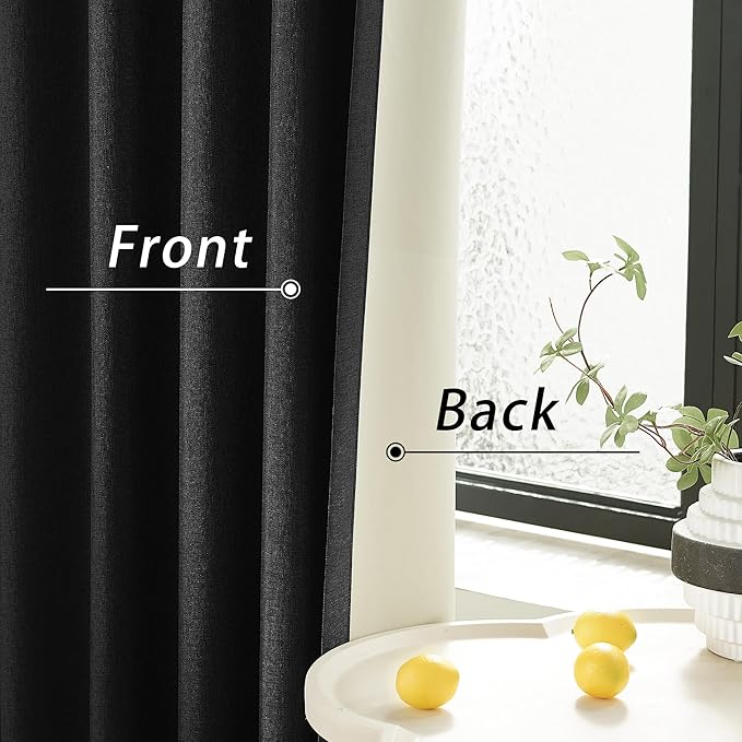 DUALIFE 96 Inch Curtains 2 Panel Set Farmhouse Blackout Heat Reducing Sun Block Out Curtains for Bedroom Dorm UV Blocking Noise Canceling Burlap Linen Look Drapes Rod Pocket Back Tab,50 X 96 Black