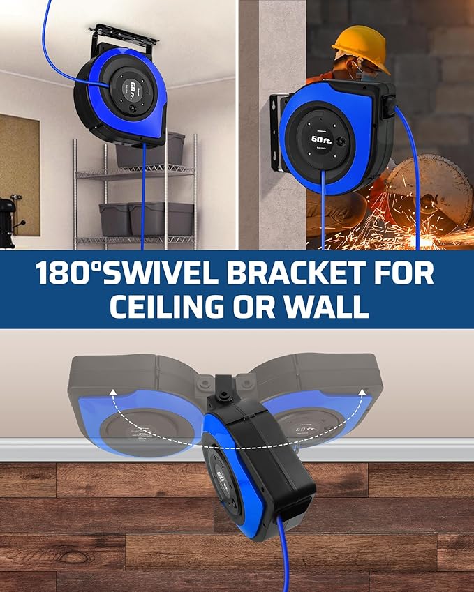 DEWENWILS Retractable Cord Reel, 60FT Heavy Duty Extension Cord, 12AWG/3C SJTOW, 3 Grounded Outlets Lighted Triple Tap, 15A Circuit Breaker, Wall/Ceiling Mounted for Garage, Workshop, UL Listed, Blue