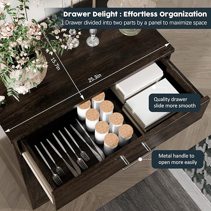 SUNLEI Kitchen Buffet Sideboard Cabinet, Wooden Storage Cabinet with 2 Doors & 1 Drawers, Modern Farmhouse Coffee Bar Cabinet with Storage for Living Room, Adjustable Shelf, Brown