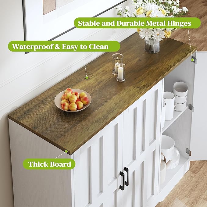 Farmhouse Sideboard Buffet Cabinet with Doors, 42.5" Kitchen Storage Cabinets for Hallway, Living Room (Classical White)