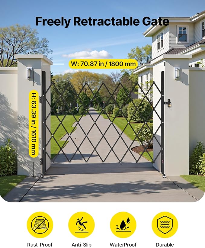 VEVOR Single Folding Security Gate, Lockable Scissor Gate with 360° Swivel Casters, Outdoor Barricade Steel Retractable Gates, for Entry Security, Garage, Warehouse & Pool, 70.87 x 63.39 in (W x H)