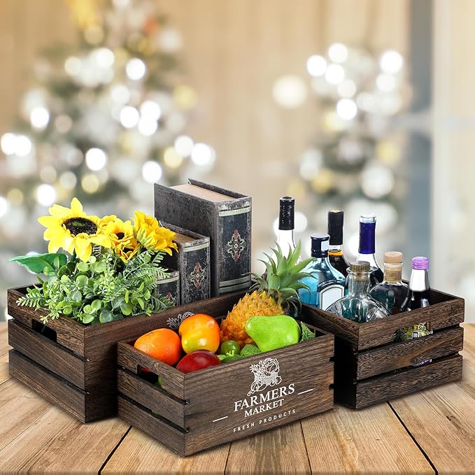 Barydat Set of 5 Wood Crates for Display Decorative Nesting Wooden Crate Storage with Handles Vintage Farmhouse Style Decorative Boxes Multipurpose Fruits Vegetables Boxes(Dusty Brown,Elegant)