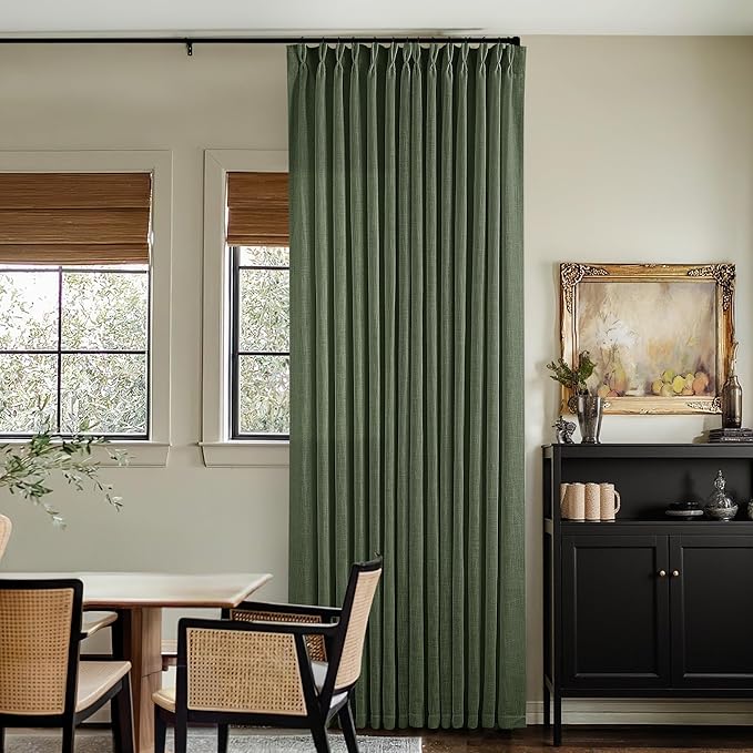 Thick Linen Olive Green Curtains 96 Inches Long for Living Room Bedroom Aesthetic Pinch Pleated Drapes with Hooks Rings Back Tab Light Filtering Ceiling Floor Custom Made Memory Trained Curtain Loden