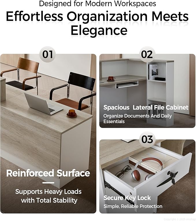 Modern L-Shaped Reception Desk with Counter - 71 inch Front Desk Reception Counter with Open Shelves, Lockable Drawer & Keyboard Tray for Office, Lobby, Checkout (Tobacco Wood + Iron Gray - Left)