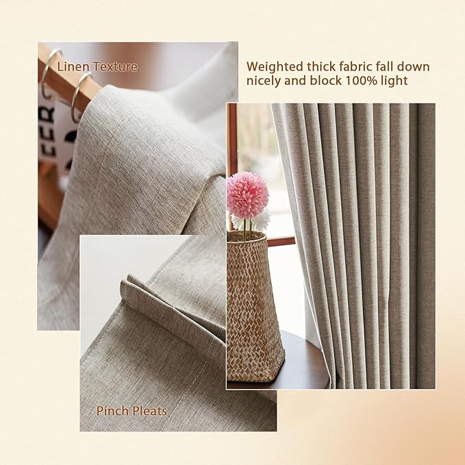 Textured Linen Double Pleats 100% Blackout Curtains for Bedroom/Living Room Blackout Curtains 108 Inches Long, Energy Saving Window Treatment Curtains,52Wx108Lx2,Sand Beige