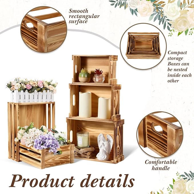 5 Pack Decorative Wood Crates for Display 5 Sizes Rustic Nesting Wooden Crates Vintage Storage Container Boxes with Handles Handmade Decorative Baskets Bin for Farmhouse (Classic Color)