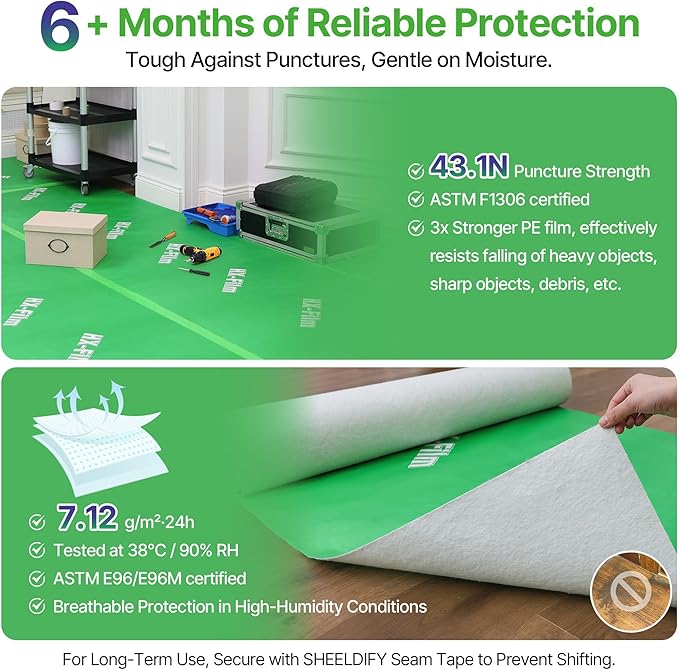 39" x 100' Heavy-Duty Floor Protection | Construction Grade Carpet Protector | Drop Cloth Plastic Film for Hardwood Floors | Waterproof Painters Covering with No Residue (Green)