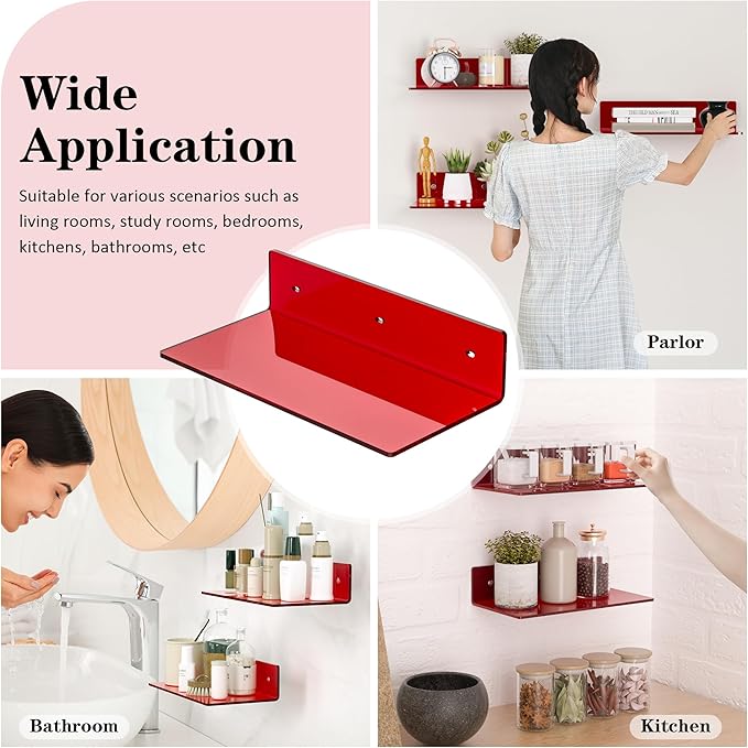 12 Inches Red Small Wall Shelves, Acrylic Bathroom Floating Shelves for Living Room, Bathroom, Bedroom, 2 Pack
