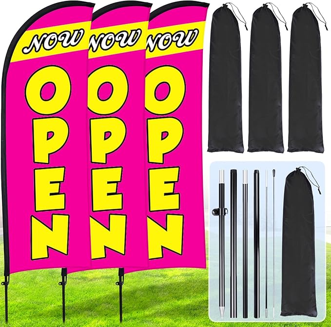 Buryeah 3 Sets Now Open Feather Flag Pole Kit for Business Advertising 7 ft Open Flag Banner Sign with Pole Kit Ground Stake and Portable Bag for Outside Ground(Rose Red)