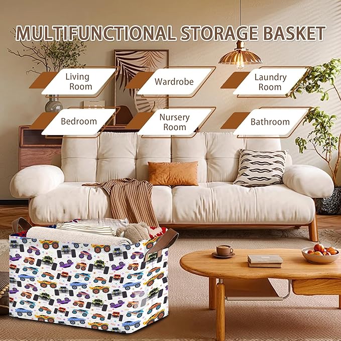 Cartoon Cars Storage Basket Large 17x11.5x10.5 Inche-Collapsible Fabric Organizer Bin with Handles for Bedroom,Living Room, Playroom-Foldable Decorative Hamper with Truck Graphic Design-Single Pack