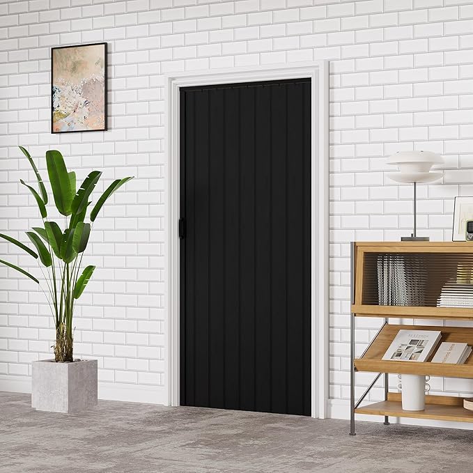 36" x 80" Accordion Doors Interior Folding Door, Black PVC Accordion Door for Opening Width: 24"-36", Adjustable Height & Width, Two Strong Magnetic Blocks for Close Tightly, Protect Privacy