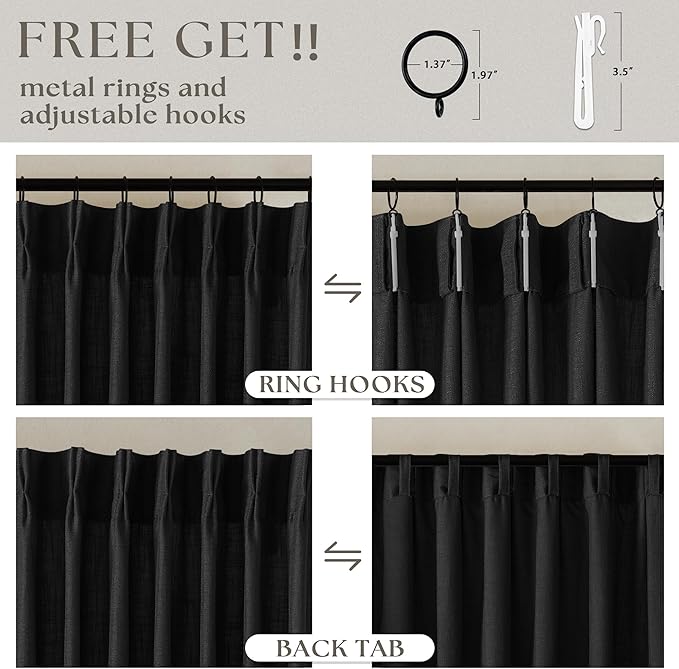 Black Pinch Pleated Linen Curtains 80 Inches Long for Living Room Bedroom Light Filtering Boho Window Drape 80 Inch 2 Panels with Hooks Rings Back Tab Sliding Glass Door Semi Sheer Curtain