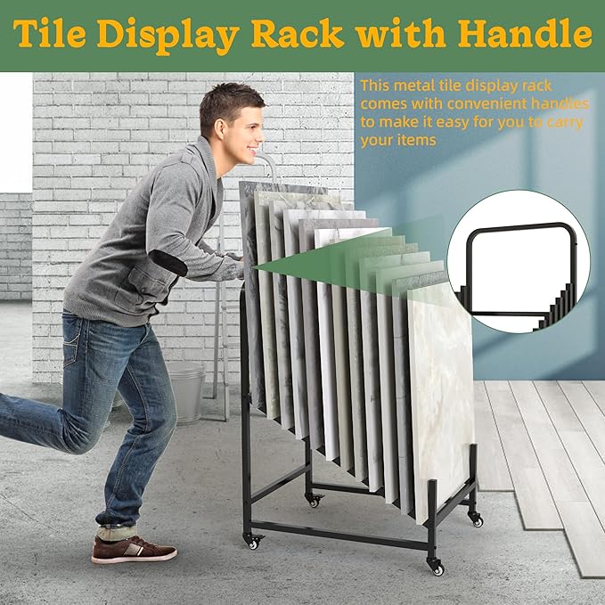 12-Tier Tile Sample Display Stand, Rolling Tile Sample Storage Rack, Metal Floor Tile Display Stand, Building Material Display Shelf, Slotted Tile Display Rack, Floor Sample Holder for Exhibition Hall