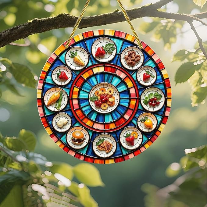 Acrylic Stained Panel Hanging-Radial Food Display Round Window Hanging Ornament,Wall Art Panel for Indoor/Outdoor Decor,Gift,Birthday for Women, Men, Wife, Aunt, and Mom 7.8in