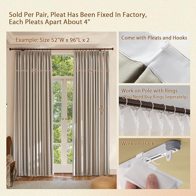 Textured Linen Double Pleated 100% Blackout Curtains for Bedroom/Living Room Blackout Curtains 96 Inches Long, Energy Saving Window Treatment Curtains,84Wx96Lx2,Sand Beige