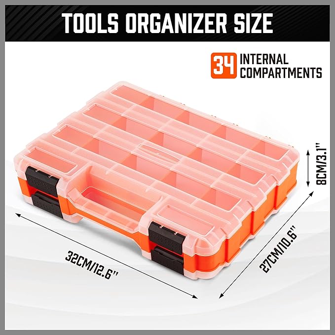 HORUSDY Small Parts Organizer, 34-Compartments Double Side parts organizer with Removable Dividers, Double Side Tools Box Screw Organizer For Nuts, Bolts, Screws, Nails, Small Hardware