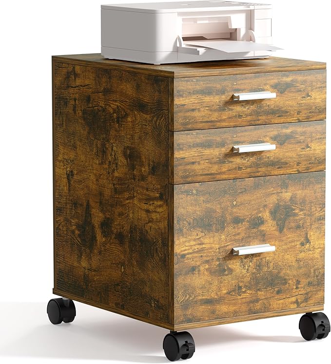3 Drawer Mobile File Cabinet with Locking Casters,Rustic Brown,Fully Assembled Storage Cabinet with Drawers for Office & Home,18.9" L x 15.75" W x 22.05" H,220 lbs Capacity