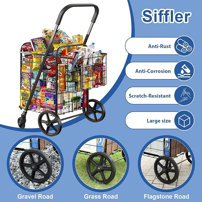 Siffler 33.6Gal Grocery Cart on Wheels, Foldable Utility Heavy Duty Shopping Carts with Double Basket Large Capacity and 360° Rolling Swivel Wheels for Groceries Laundry Transport (Black, Large)