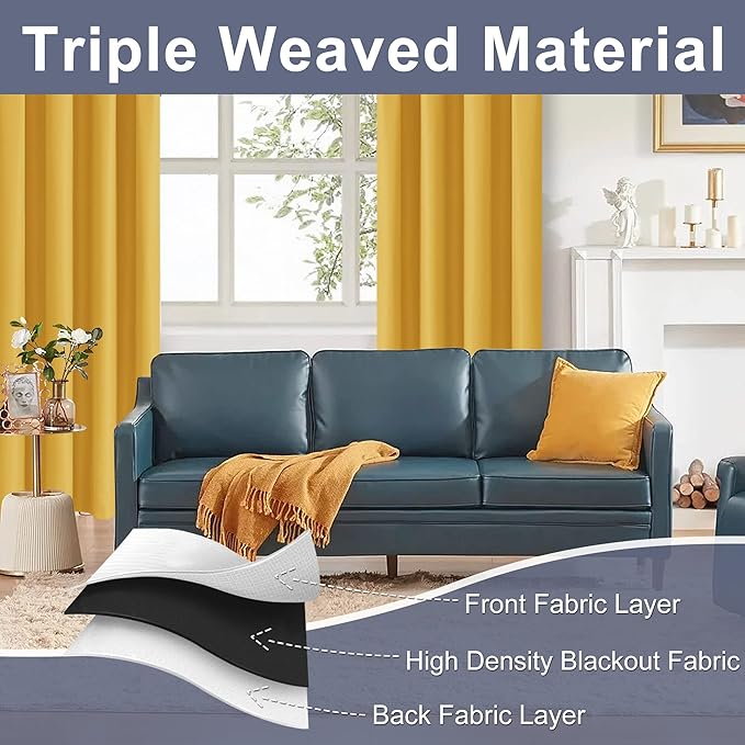JIUZHEN Blackout Curtains for Bedroom - Curtain Drapes Set of 2 Panels with Tiebacks, Room Darkening Thermal Curtains, 42 x 72 Inches, Light Blocking Curtains for Living Room, Mustard Yellow