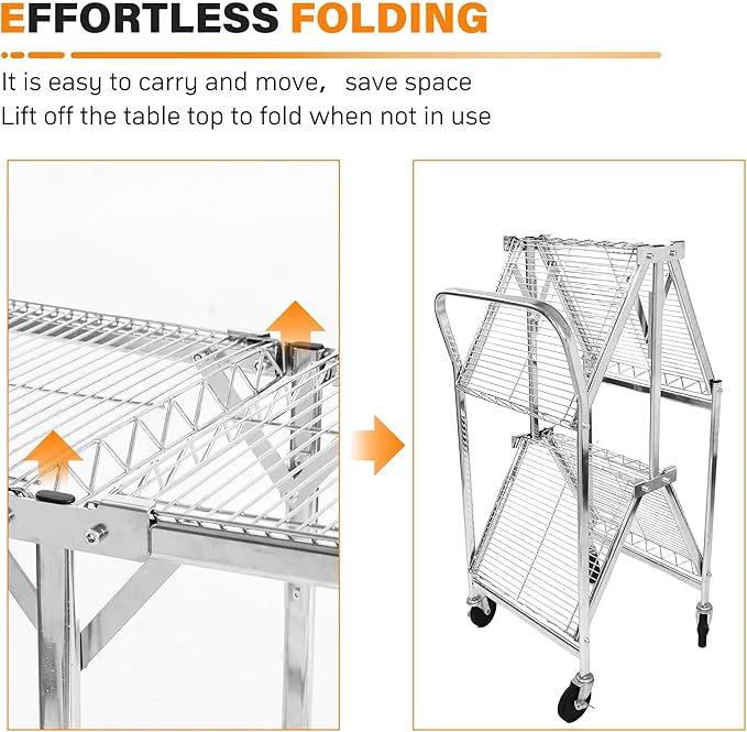 Collapsible 2 Shelf Wire Cart, Heavy Duty Collapsible Wire Rolling Utility Cart with Locking Brakes, 500lb Capacity, Folds Up for Storage, Chrome, 37.5" x 20.4" W x 36.2" H