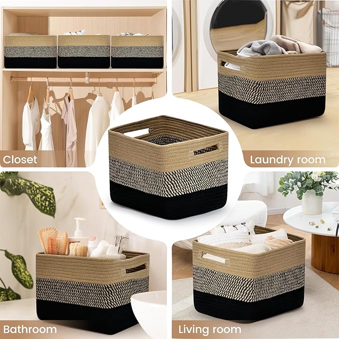 3 Pack Shelf Woven Storage Basket, Closet Rope Baskets For Organizing, 15 x 10 x 9” Square Bins with Handles, Black+Brown
