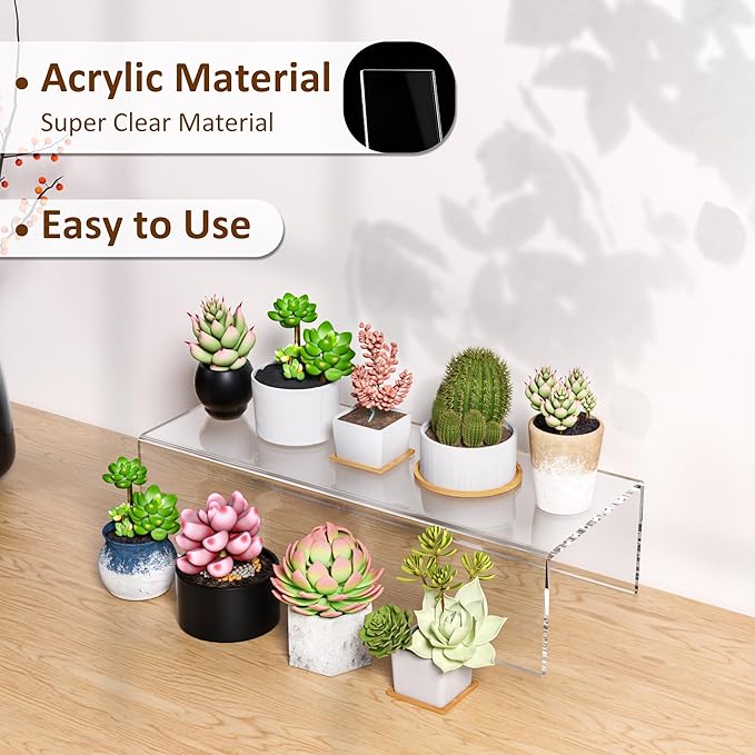 Acrylic Shelf Riser 12x4.7x3 pack of 2, Desktop Rectangular Acrylic Tray Pedestal Stand for Funko Pop Figure, Bags, 12x4.7x3 Inch