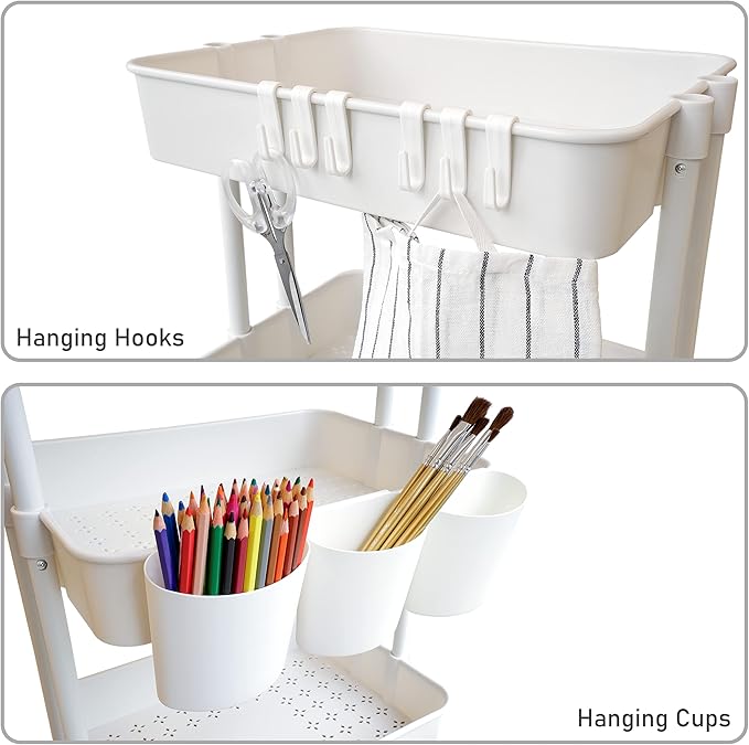 CAXXA 3-Tier Rolling Storage Organizer with 3 Small Baskets - Mobile Utility Cart with Caster Wheels (White)