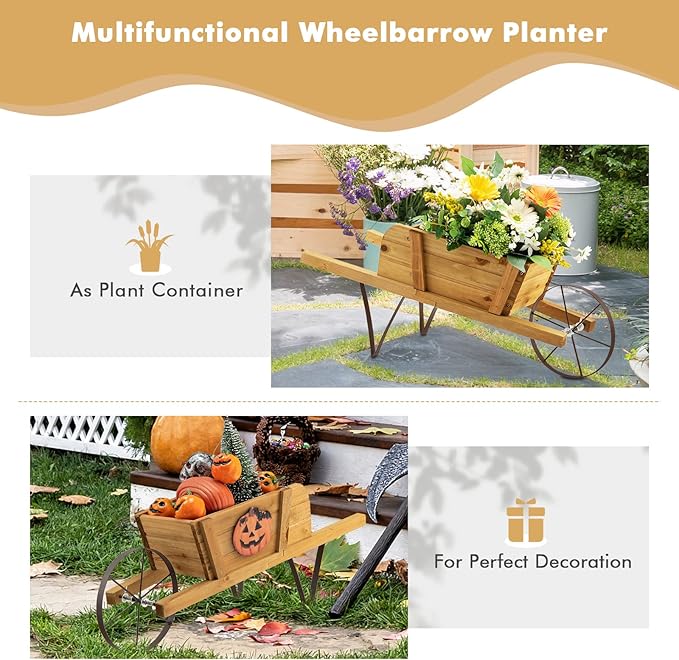 Wooden Wagon Planter, Flower Cart Display Stand w/Metal Wheels & Removable Magnetic Decoration, Wagon Decorative Garden Planter for Plants & Seasonal Displays, Pine Wood (Brown)