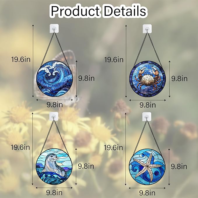 Stained Glass Window Hanging 4 Pcs Set Blue Ocean Waves 9.8" - Starfish Crab Seal Suncatcher Door Garden Sun Catcher Decor Birthday for Mom Woman Nana Men Friend