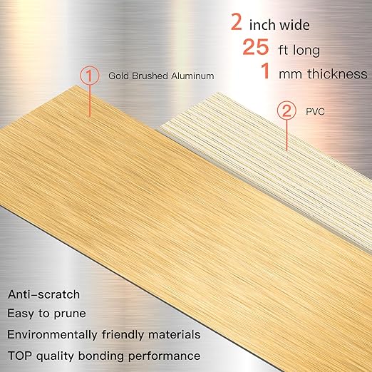 GSCIT Club Gold Edge Banding, 2 Inch x 25ft Aluminum Brushed Edge Banding PVC Edge Trim for Cabinet Repair Furniture