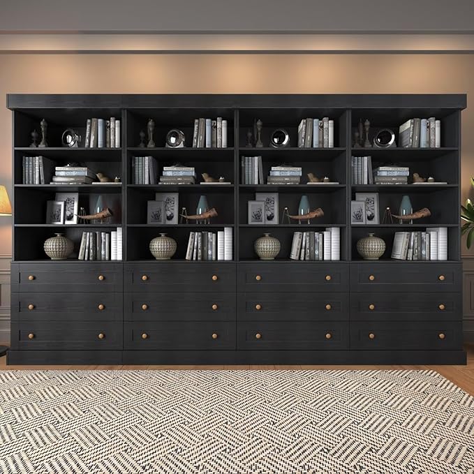 Vyre 71" Tall Farmhouse Bookshelves with Drawers, Large Modular Bookcase with Adjustable Shelves, Storage Cabinet for Living Room, Kitchen, Black, Set of 4