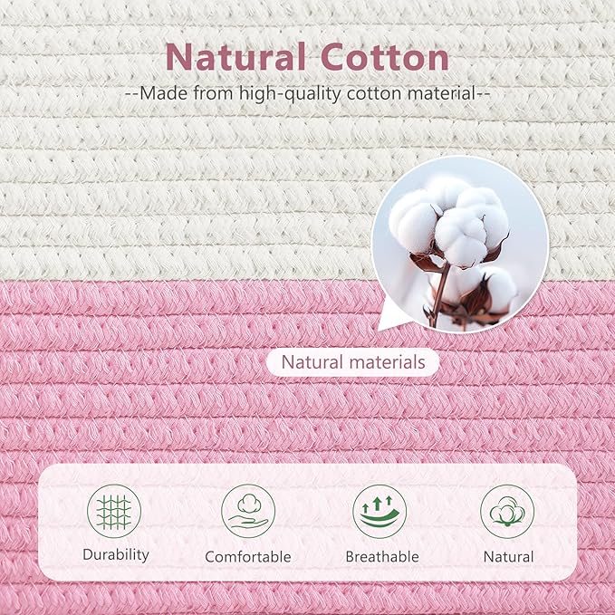 Cotton Rope Basket, Storage Baskets with Handle, 15x10x9 Inch Woven Basket for Shelves, Laundry, Towels, Clothes, Books (White/Pink 1Pack)