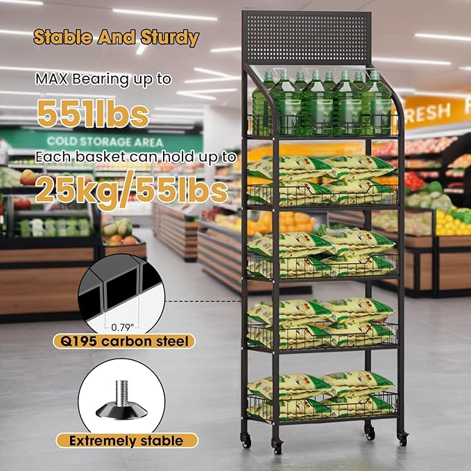 5-Tier Heavy-Duty Snack Rack Display Stand with Wheels - 300lbs Capacity, Silent Roll & Lock System, for Pantry/Retail/Office Organization