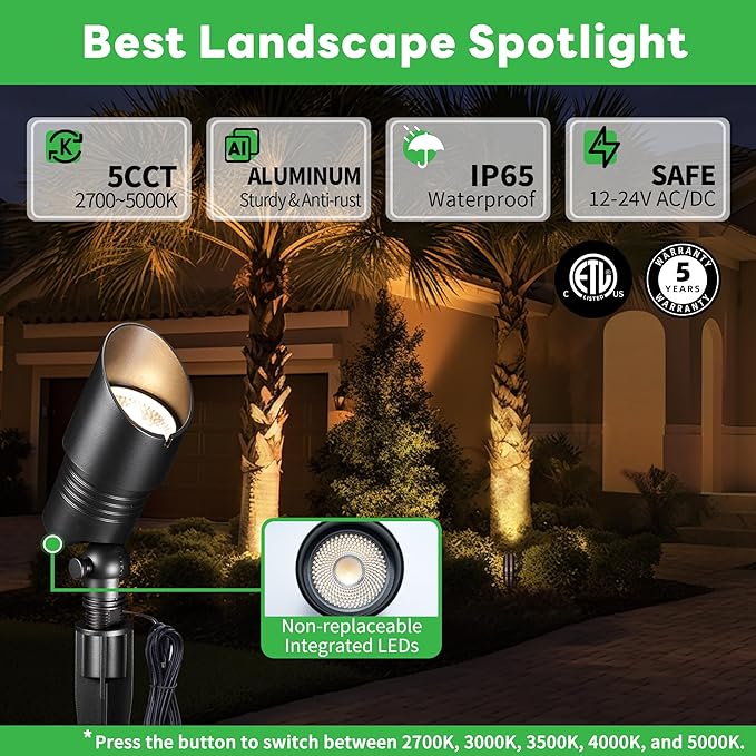 Landscape Spotlights Low Voltage - 2700K/3000K/3500K/4000K/5000K Selectable Uplights, 12V Wired LED Spot Lights Outdoor Waterproof, Aluminum Black for Outside Trees Wall 4 Pack