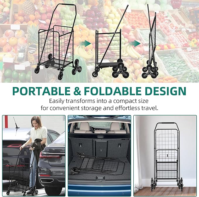 YITAHOME Folding Stair Climber Cart, 360° Swivel Wheels & Tri-Wheel Design, Heavy Duty Utility Cart for Shopping, Laundry, Travel & Stairs, Ideal for Seniors