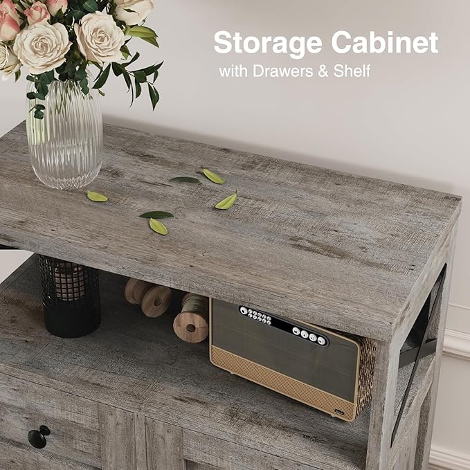 Small Farmhouse Storage Cabinet with Barn Doors, Farmhouse Kitchen Pantry Cabinet, Tall Coffee Bar with Storage, Hutch Cupboard for Kitchen, Laundry, Living Room, Washed Grey