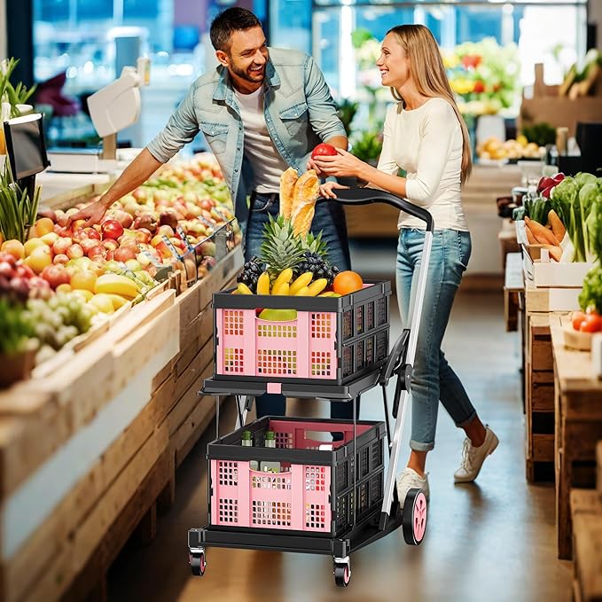 Collapsible Shopping Cart, 8-in-1 200LBS Multi Functional Utility Cart with 2 Storage Crate,Adjustable Handle Grocery Cart on Wheels for Shopping/Warehouse/Office/Supermarket