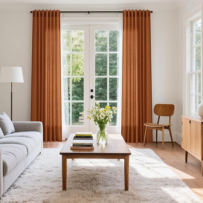 Nanspring Desert Orange Linen Curtains 63 Inches Long for Bedroom Back Translucent Modern Rustic Pinch Farmhouse Coastal Decor Cotton Texture Gauze for Bathroom 2 Panels, 52x63