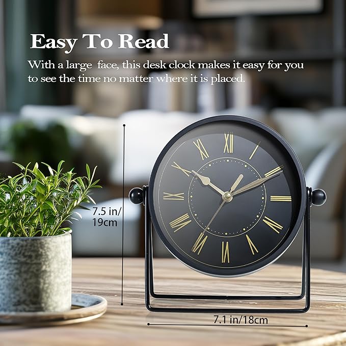 AYRELY® Vintage Black Metal Desk Clock,Battery Operated Mantel Clocks, Decorative Table Clocks with Adjustable Angle for Fireplace Farmhouse Shelf Living Room Décor (Black/Gold)