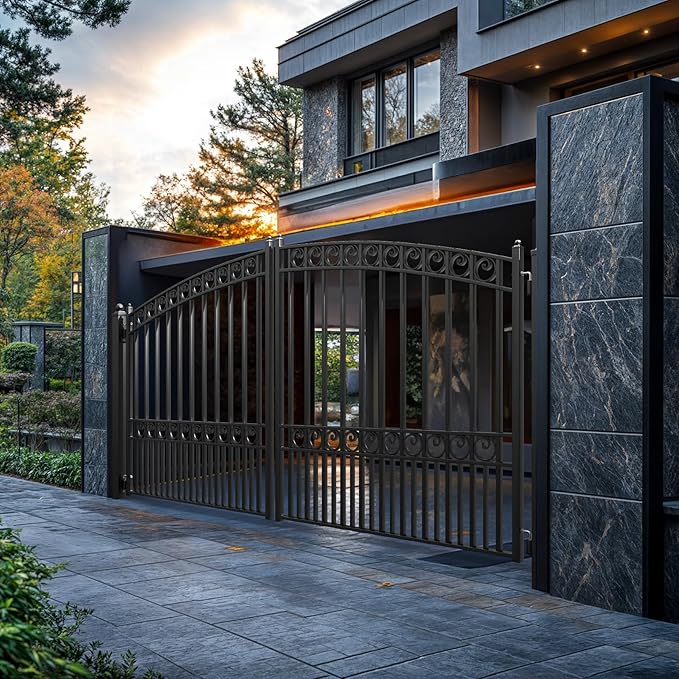 ZUMI Dual Swing Driveway Gate, 12x6 ft. Outdoor Steel Fence for Home Security, Heavy-Duty Weatherproof Iron Kit, Opera Style