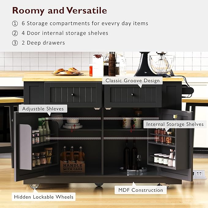 Rolling Kitchen Island with Drop Leaf & Power Outlet, Large Kitchen Islands Cart on Wheels, Movable Kitchen Island with 5 Open Storage Shelves & Towel Rack for Kitchen, Dining Room, 48-Inch, Black