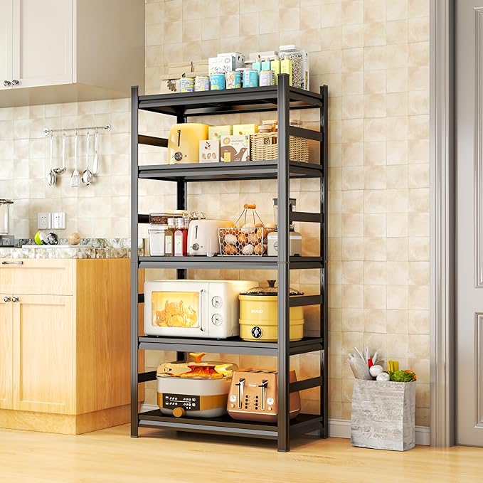 Garage Shelving Units, Heavy Duty 5-Tier Storage Shelves, Metal Adjustable Storage Rack, Steel Shelves, 2750 lbs Capacity, Industrial Shelving for Heavy Tools (Black, 5TIER 16"Dx32"Wx63"H, 5TIER)