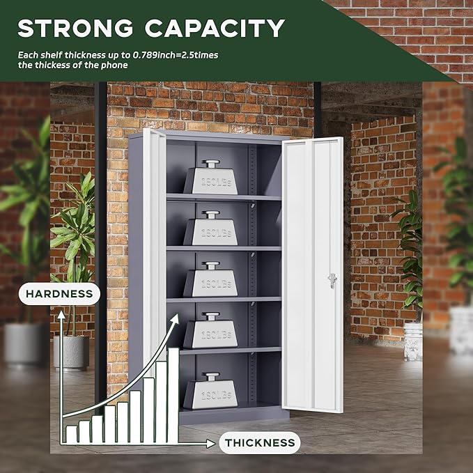 Greenvelly Metal Storage Cabinet, 72" Locking Metal Garage Storage Cabinet with Doors and 4 Adjustable Shelves, Lockable Steel Cabinet for Home Office, Garage, Shop, School (White Grey 32" W x 16" D)