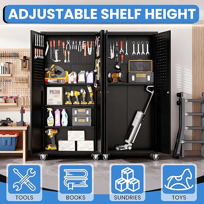 Garage Metal Storage Cabinet with Pegboard, 71'' Tall Storage Cabinet with Adjustable Shelves and Doors, Rolling Tool Cabinet on Wheels for Garage, Utility Room (Black)