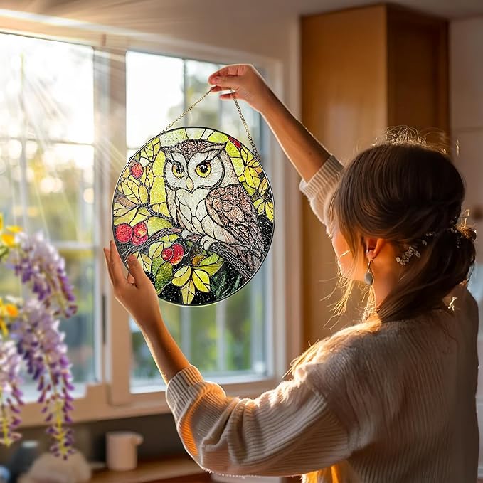 Stained Glass Window Hanging, 8 Inch Owl Suncatcher Stained Glass Ornament, Suncatchers for Windows Hanging, Sun Catchers Indoor Window, Owl Gifts, Gifts for Bird Lovers, Mom Gift