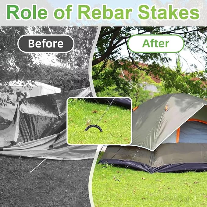 Black Rebar Stakes 12 inch (20pcs) - Heavy Duty 6mm Metal J Hook Ground Stakes,Galvanized Steel for Tent,Bounce House,Fence,Dog Coop,Artificial Turf,Outdoor Plants,Christmas & Holiday Decorations