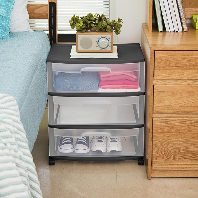 3 Drawer Wide Plastic Storage Cart with Clear Pull-Out Drawers & 4 Wheels - Medium Home Organization Container for Classroom Bathroom Dorm Bedroom Laundry Room (Black)