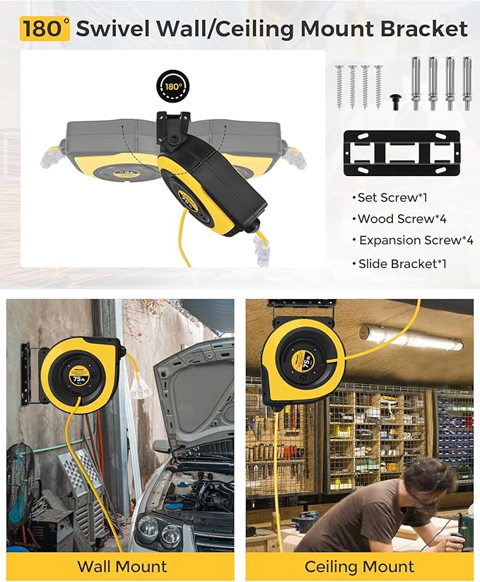 Retractable Cord Reel, 75 FT Heavy Duty Extension Cord, 14AWG/3C SJTOW, 3 Grounded Outlets Lighted Triple Tap, 10A Circuit Breaker, Wall/Ceiling Mounted, UL Listed, Yellow Y75CR06