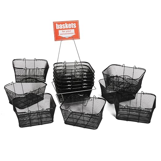 SSWBasics Black Metal Shopping Baskets With Stand and Sign - Set of 12 - Basket Dimension 17"W x 12"D x 7"H - Perfect for Retail, Thrift, Grocery, and Convenience Stores