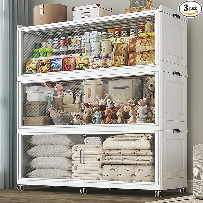 240 Gallon Extra Large Collapsible Storage Bin with Lid, 960QT Stackable Plastic Organizer with 6x Wheels, Foldable Drawer Cabinet for Closet, Living Room Office, Kitchen 3Pack, White